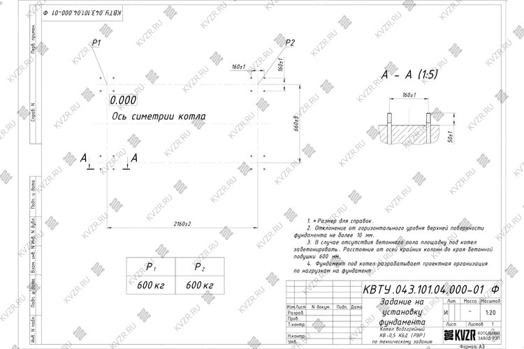Котел 500 кВт уголь дрова с водяными колосниками чертеж фундамента