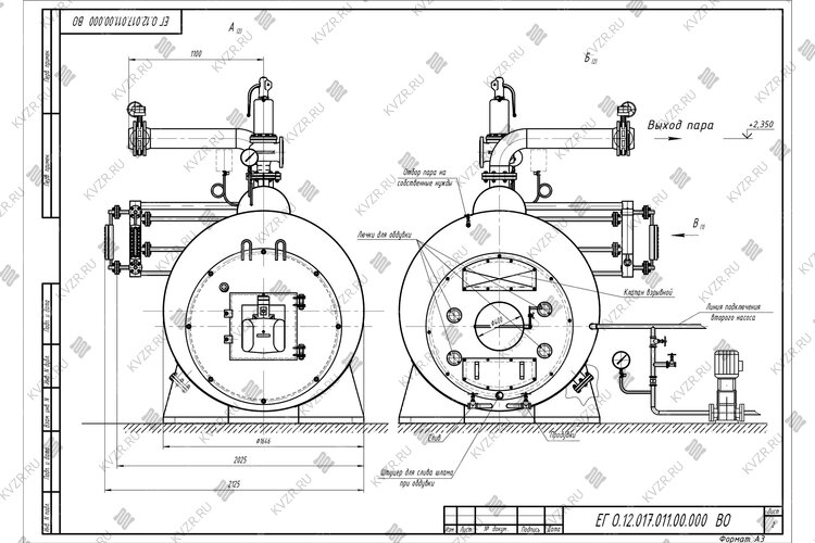Чертеж парового котла 1200 кг 130 °С на газе